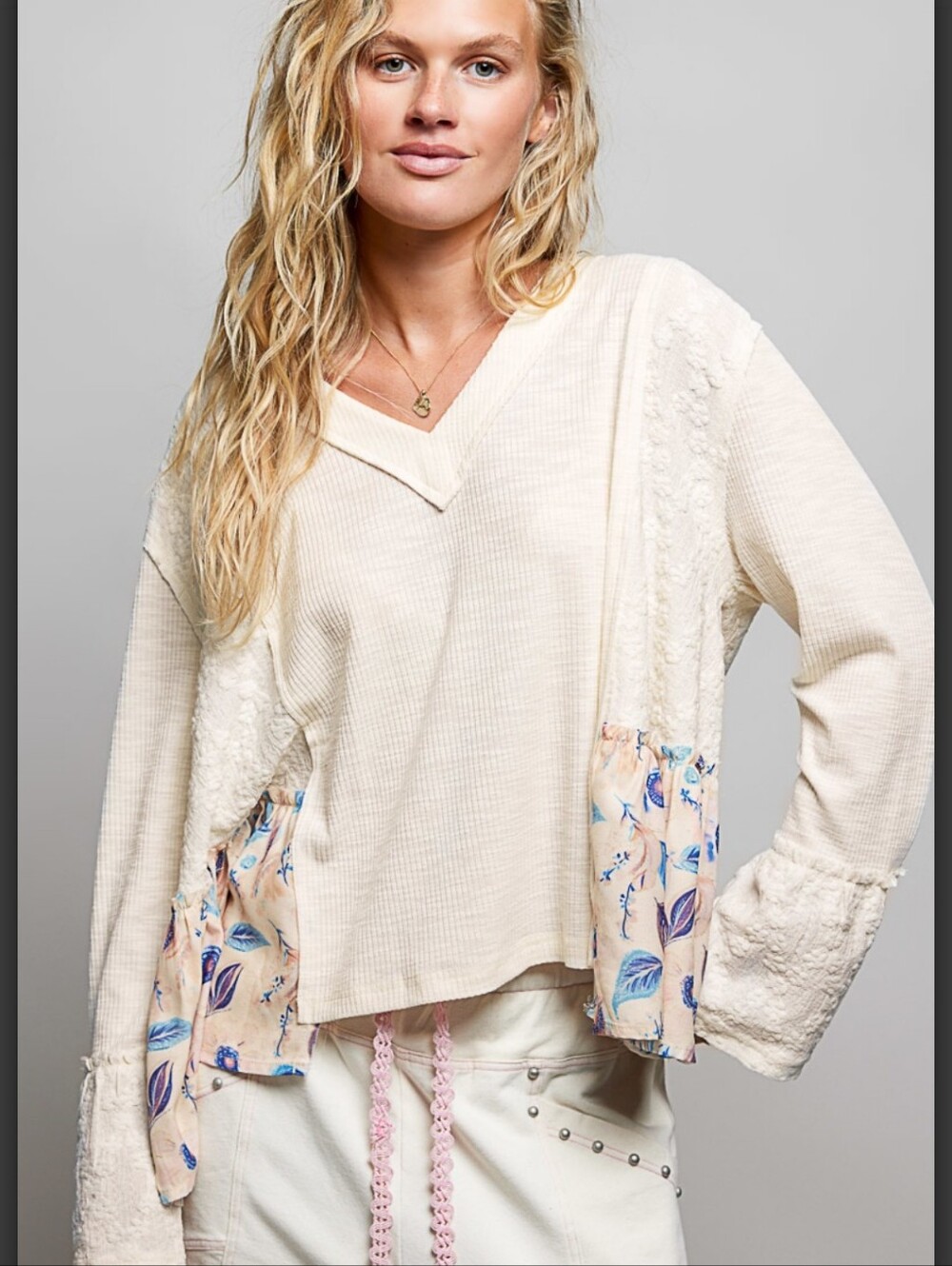 #2020 POL Whispering Meadow Mixed-Fabric Top – Cream